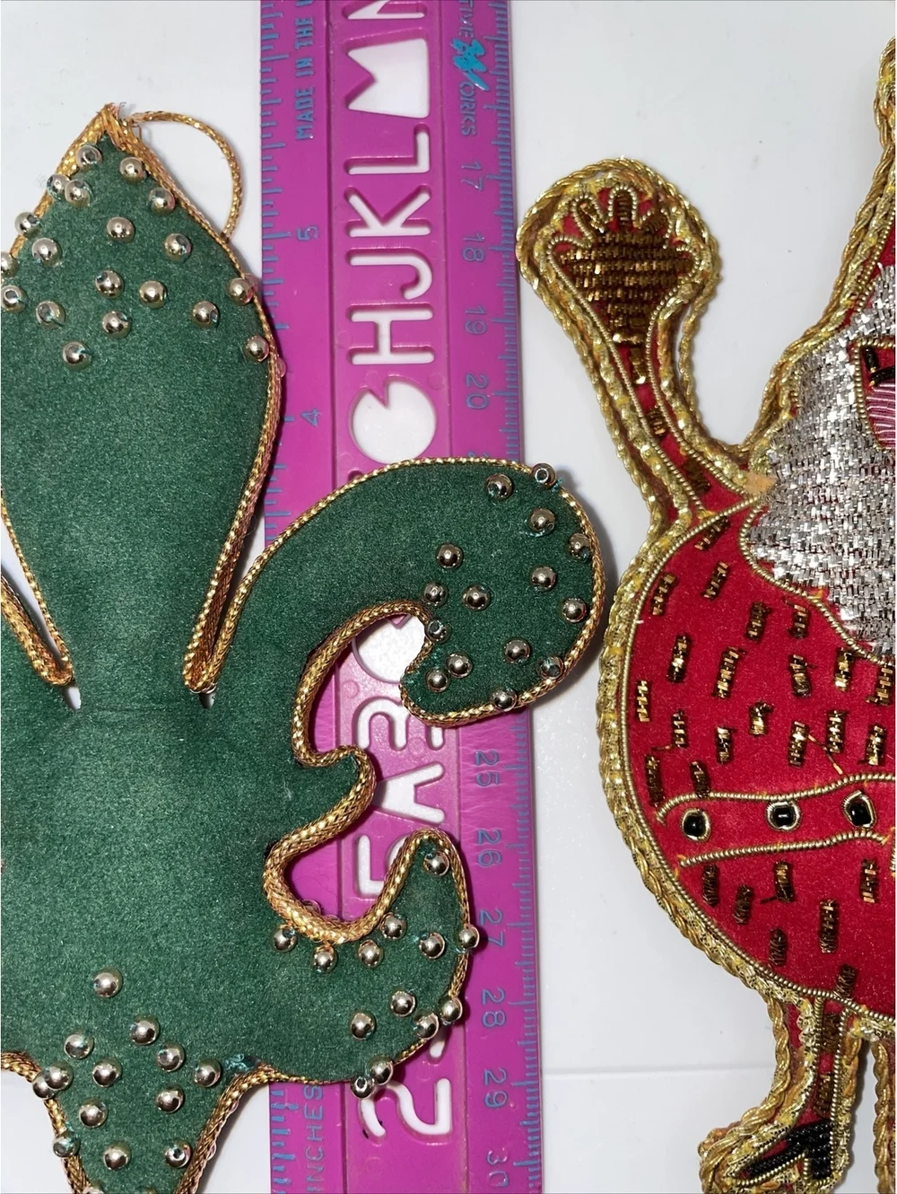 2 vintage Christmas ornaments velvet red green gold Santa Fleur De Lis